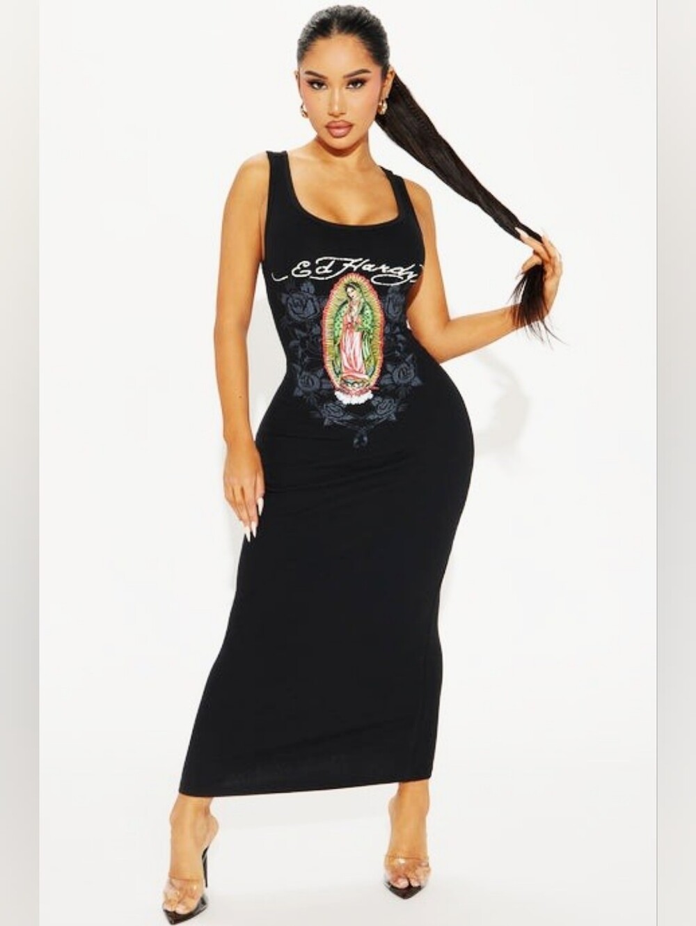 Ed Hardy Black Mary Graphic Tank Maxi Dress. Size Large